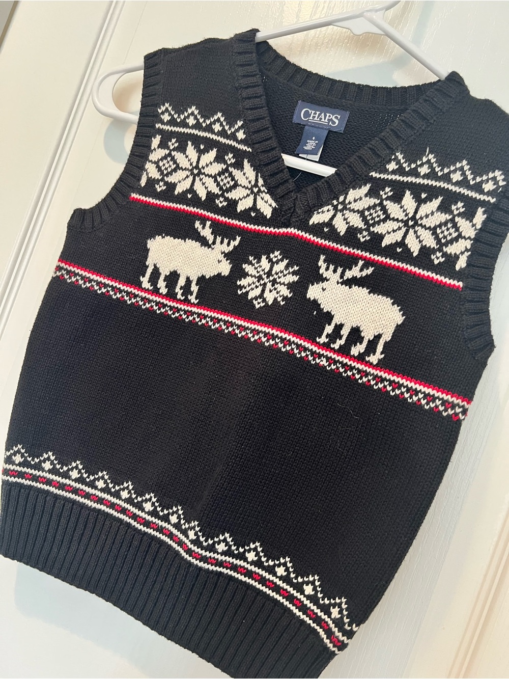Chaps Boys 6 Black Cotton Knit Fair Isle V-Neck Sweater Vest Christmas Ski Cozy